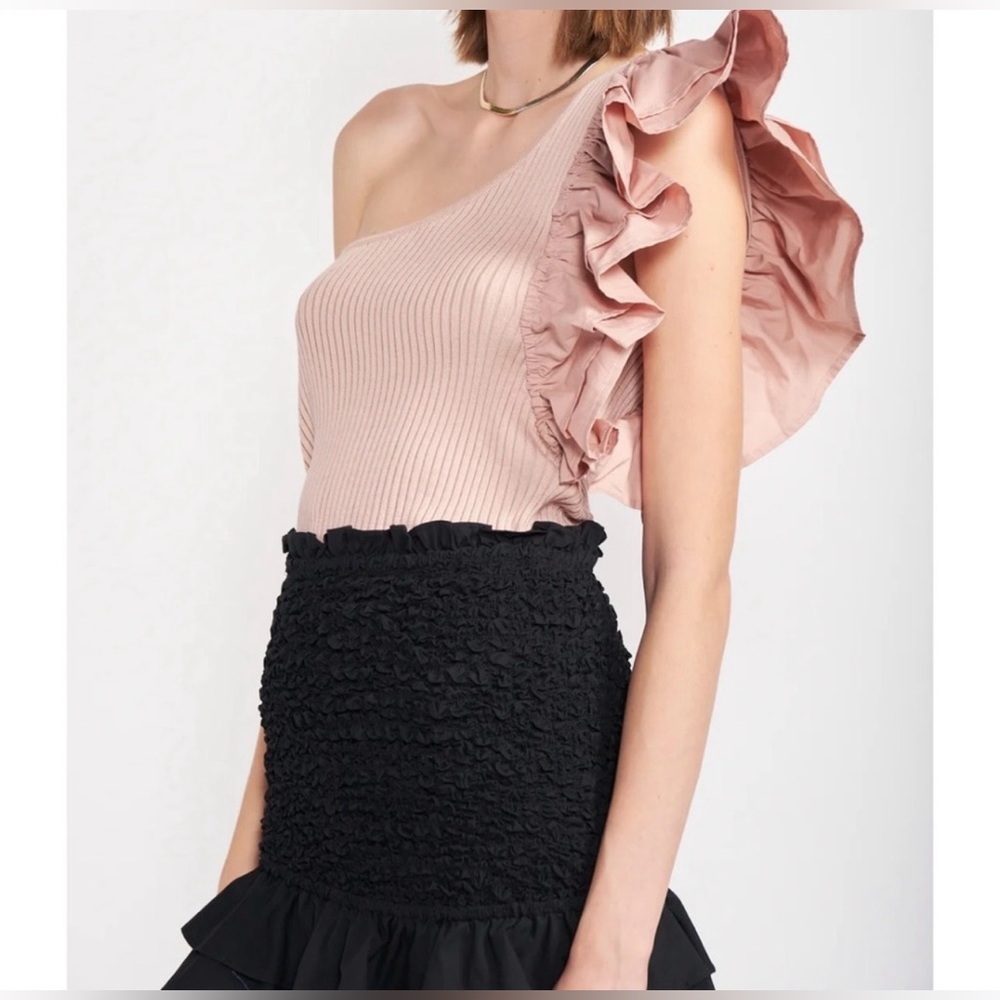 NWT En Saison One-Shoulder Ruffled Knit Top in Dusty Rose Sz 1X